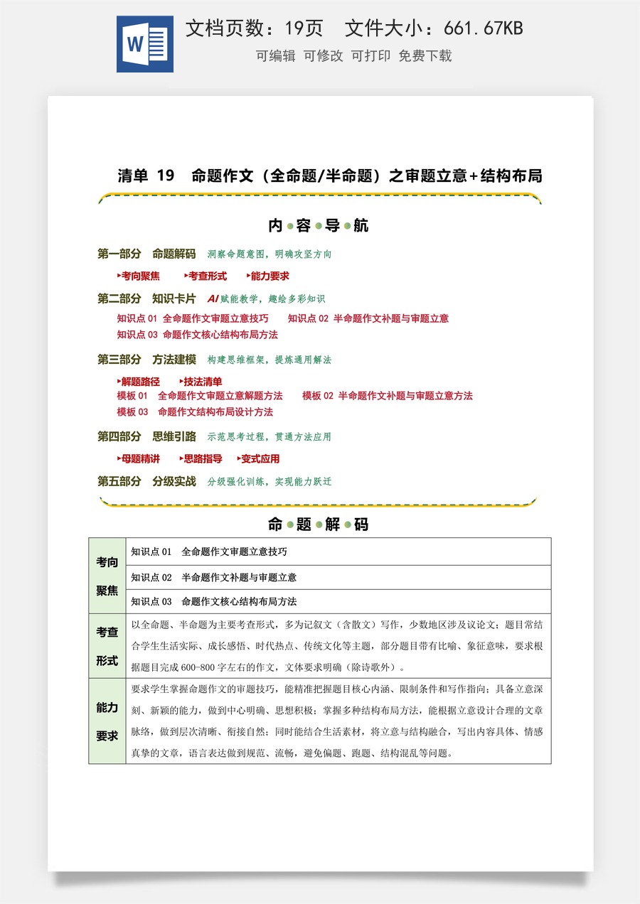 初中-语文-中考语文-二轮复习知识点-清单19 命题作文（全命题+半命题）之审题立意+结构布局（知识·方法·能力清单）（学生版）.docx